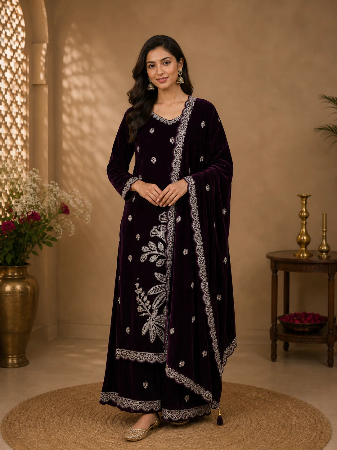 Dark Red Floral Designed Velvet Salwar Suit